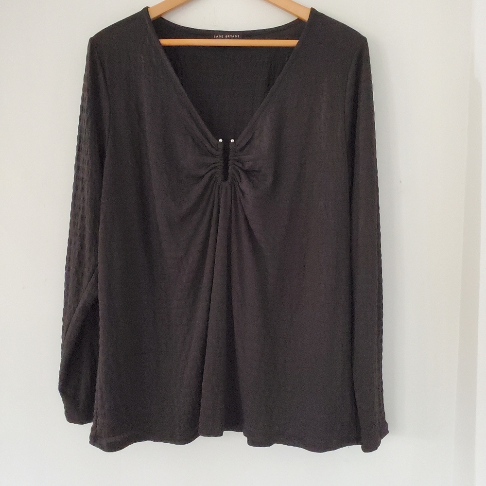 Lane Bryant 22/24 Black Crinkle Knit LS Silver Hardware at V-Neck Comfy NWOT '22